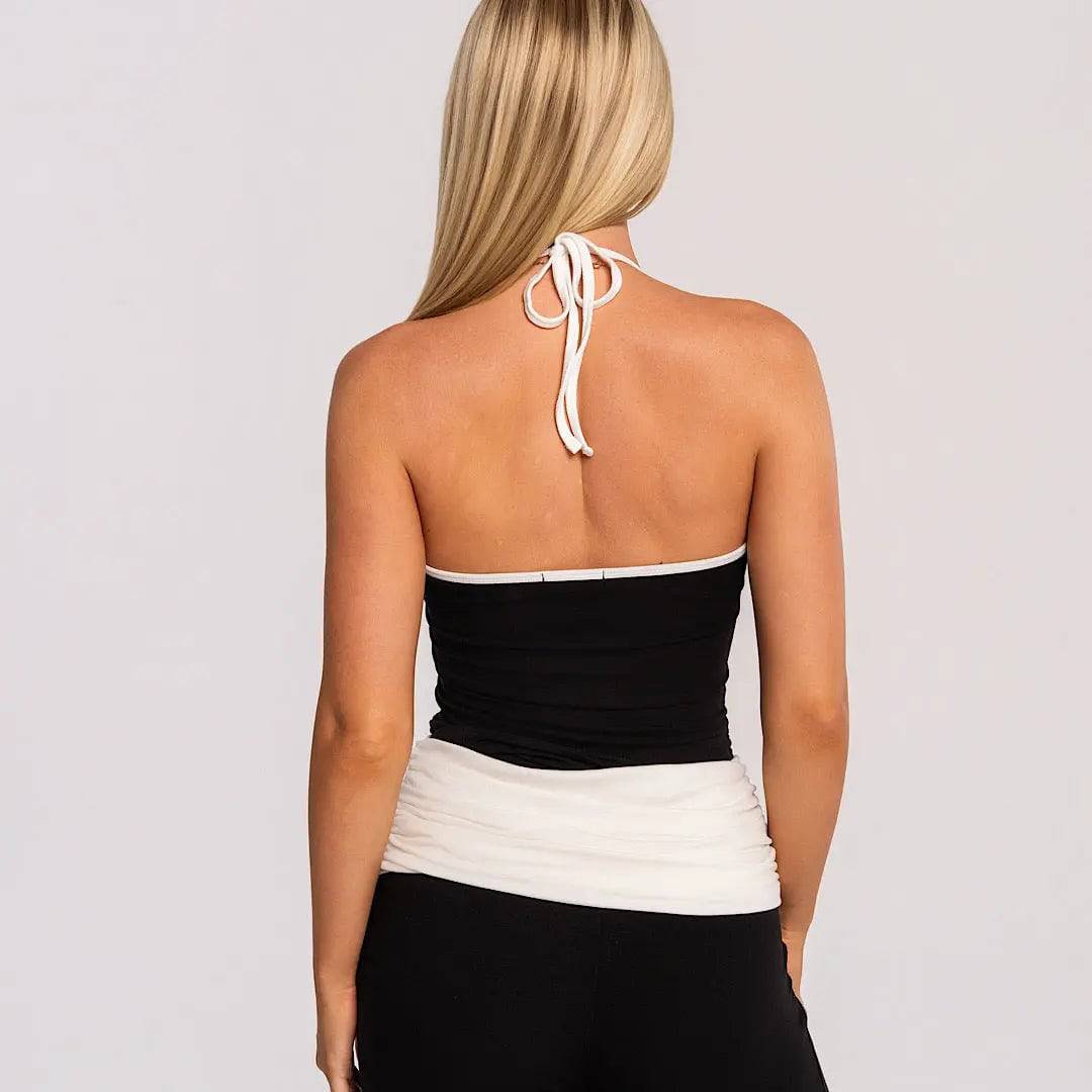 Contrast Tie Halter - Black - AROHA.