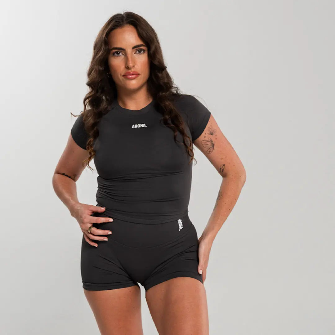 Sleek Baby Tee. - Charcoal AROHA.