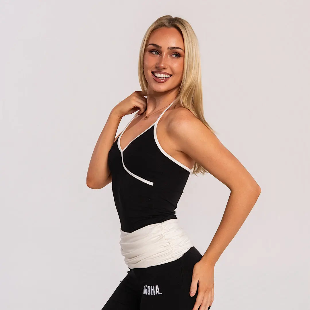 Contrast Tie Halter - Black AROHA.